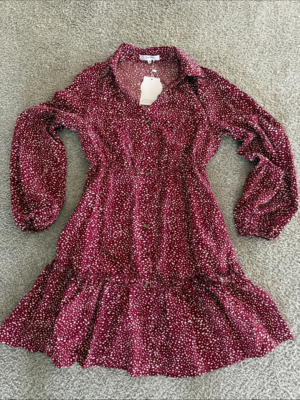 Button-Front Burgundy Dot Tiered Dress